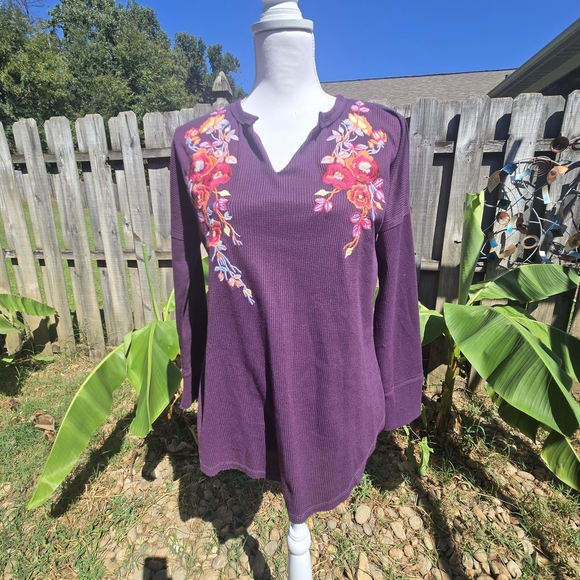 Small Waffle Knit Purple Floral Embroidered Long Sleeve Boho Western Colorful - Picture 2 of 8